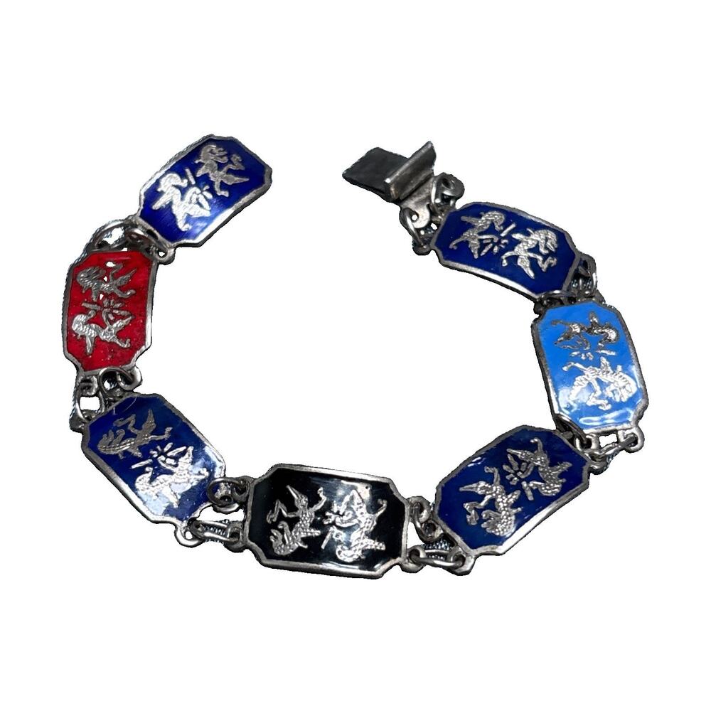 Multi Color Cloisonné Enamel & Sterling Siam Bracelet Niello Hindu Goddess 7”